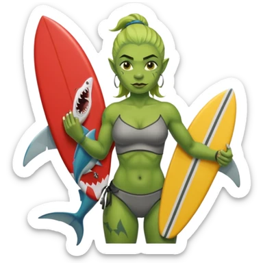 orc female holds a little surfboard with a shark painted vertically in his hands sticker