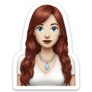 woman with pale skin, blue eyes and long dark red hair with layers and fringe bangs, wearing a white top and silver jewellery sticker