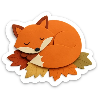 sleepy fox curled up on a pile of autumn leaves, paper-craft style sticker