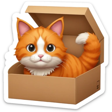 simple furry orange cat inside a box, half of upper body is sohwing up sticker