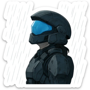 A female odst, blue full face visor, right shoulder profile, helmet on, looking up to the sky, the sky is pouring rain, midnight shadows sticker