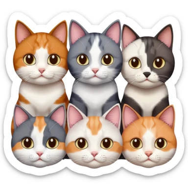 5 different coloured short haired cats including; a dark brown and white cat, and a dark grey and white, and a calico sticker