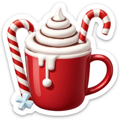 hot chocolete with marshmallows in red christmas mug and candy cane sticker
