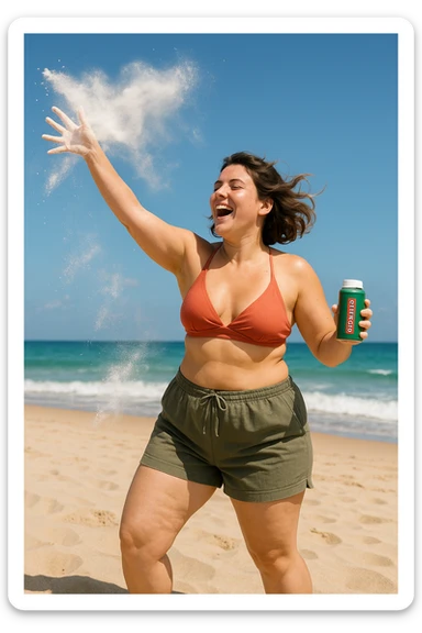 Donna in spiaggia che butta il borotalco italiano, la donna è intorno ai 66kg sticker