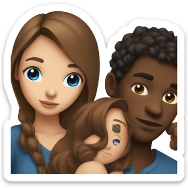 Beautiful Girl with blue eyes and long brown hair and boy with brown hair cuddling, black man with tattoos  sticker