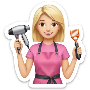 smiling blonde woman hairstylist wearing pink t-shirt and orange apron, hands raised, holding scissors and hairdryer sticker
