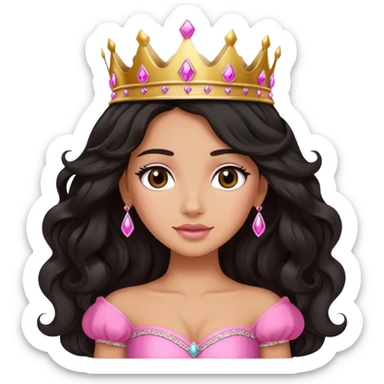 Very tanned princess, with long black wavy hair and crown and an pink princess outfit sticker