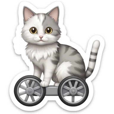 disabled grey and white small cat using a mobility wheel aide for cats sticker