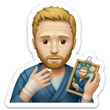 van gogh paints on a canvas. On his right he has a bandage sticker