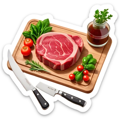 A photorealistic icon featuring a chef's hat, a cutting board with fresh ingredients, a knife, a plate with a well-plated dish, and a beautiful ribeye beef steak. Bright, detailed design with realistic textures and lighting. Transparent background, clearly symbolizing cooking and culinary arts. sticker