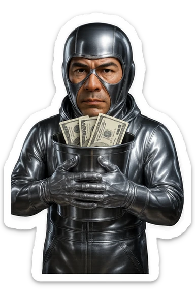 Keep the character's skin color and face natural, keep the suit, helmet, and goggles chrome, and make the dollar bills look realistic with authentic US currency details and textures. The background should remain transparent. sticker
