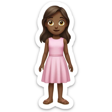 Little Girl with White skin, black eyes. Long brown hair with. She is wearing a pink and White dress, standing and holding  sticker