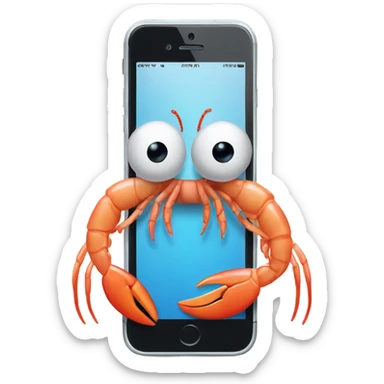 a shrimp holding an iphone with the name sebastian on it sticker