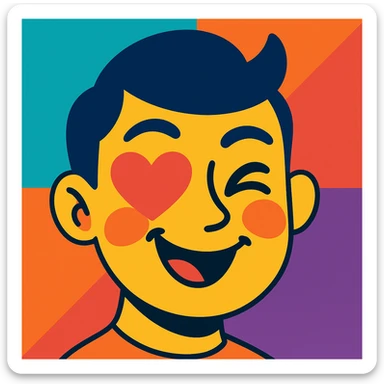 Add heart eyes to the vibrant toon style face with raised eyebrows, playful wink, blushing. sticker