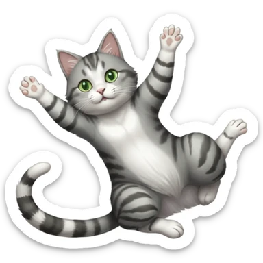 grey and white cat with green eyes doing a big extremely long stretch reaching up into the air with arms and legs side by side together straight and overextended whilst lying on its side sticker