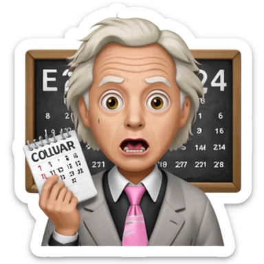 Doc Brown, in Back to the Future, looking shocked, mouth wide open, with a shocked expression. Without glasses. Wearing a silver dress with black trim, a pink collared shirt and a white tie, holding a calendar. sticker