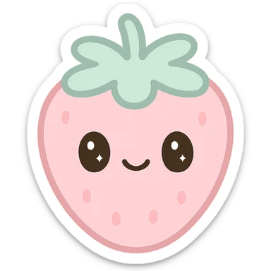 kawaii style strawberry, happy face, pastel pink and green, sparkling eyes, playful and cute sticker