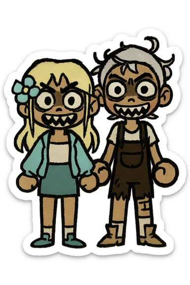 Create a couple image of these two cartoon characters standing side by side, both with scary expressions, matching their style, transparent background. sticker