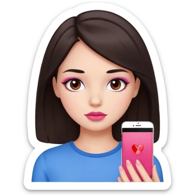 Dark brown haired girl with black eyes and lips between the shades of pink and red. A cute and clean makeup along with a blue top  sticker