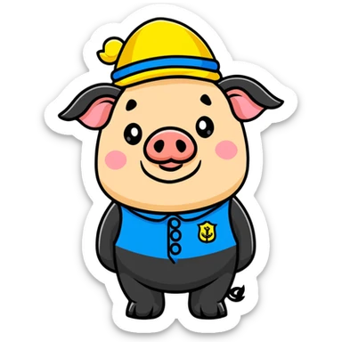 President Zelensky's head on a pig body wearing a yellow and blue hat sticker