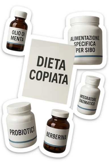 FOGLIO DI CARTA FLUTTUA IN ARIA CON LA SCRITTA "DIETA COPIATA", INSIEME A BARATTOLI DI INTEGRATORI PER CURARE IL SIBO IN ITALIANO, IPERREALISTICO 4K, NON DISEGNATO sticker