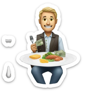 man at dinner table with cuttlery in his hands, money on the plate sticker
