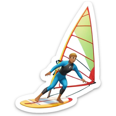A windsurfer gliding across the ocean, with a vibrant sail catching the wind. The scene captures the motion of the board riding the ocean waves, surrounded by the bright blue sky and ocean, symbolizing the excitement and skill required in the sport of windsurfing. sticker