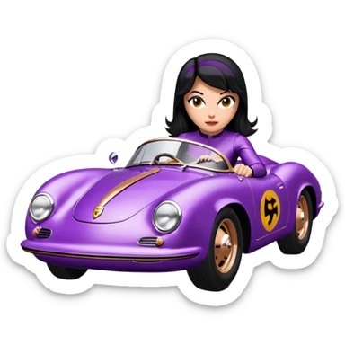 Adult BatGirl driving her satin-black and rose gold 1955 Porsche 550 Spyder too fast in the country, despite the rainy conditions making the tires slippery, sliding sideways with her black hair fluttering in the wind (purple shiny latex catsuit, black car)  sticker