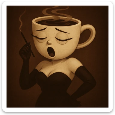 Change the coffee cup woman's expression to sleepy, with half-closed eyes and a small yawn. Keep the original style and character, only modify the eyes and mouth, preserving the original style and look. sticker