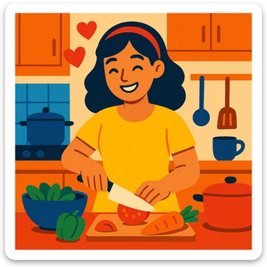a smiling girl preparing a meal, heart symbols to show love, everyday kitchen setting sticker
