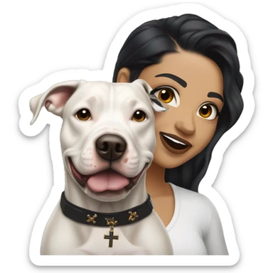 light skin woman with a face tattoo of a small cross near her eye and long wavy black hair expressing joy alongide a white and brown pitbull sticker