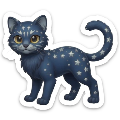 Cute kawaii cool edgy badass  glossy midnight-blue fur with silver starlight dusting fantasy-caracal-civet-genet-sergal-vernid-Gryphon-Cacomistle-Trico-oncilla-animal-Fakémon-hybrid-fursona (full body), facial markings, (realism style) sticker