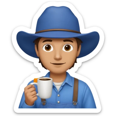 Ranch hand with blue hat and coffee mug sticker