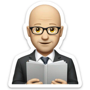 Bald white man with glasses wearing a suit holding a laptop sticker