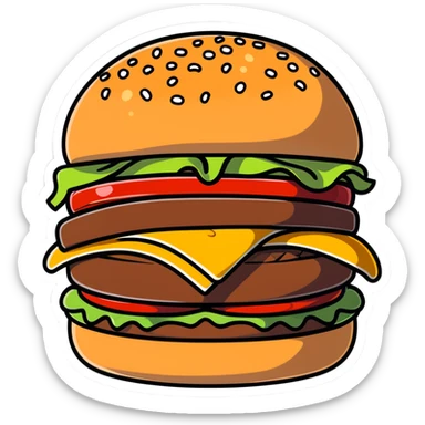 burger de chez Quick with soft bun, steak, cheese, sauce, cartoon sticker style sticker