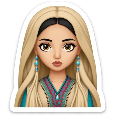 Afghan nose, pretty lips, afghan clothes, medium skin,  long hair, pretty bratz baddie, black eyeliner sticker