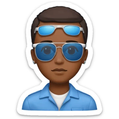 Un garçon noir avec des lunettes de soleil un peu bleu avec un cadran plutôt carré et SANS QU’ON VOIT SES YEUX. Et au dessus de sa tête il y a écrit BOUSS sticker