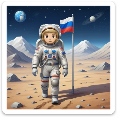 Cosmonaut walking on a planet surface, wearing a spacesuit with Russian flag, light hair and light skin visible through helmet sticker