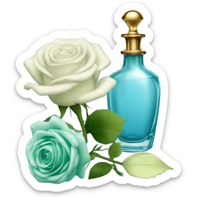 Aesthetic composition of soft blue roses with a vintage-style green  perfume bottle.
 sticker