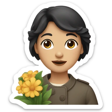 A girl with very short black hair, fair skin, and brown eyes wearing a coat and waving flowers sticker