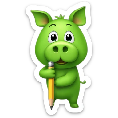 green piggy holding a pencil sticker