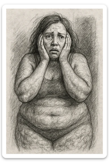 pencil sketch style drawing of a woman with a lot of cellulite, visibly desperate and tired of her condition, face visible with a marked expression of despair and fatigue, white background sticker