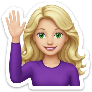 lady with long wavy blonde hair, purple top, green eyes, waving hello sticker