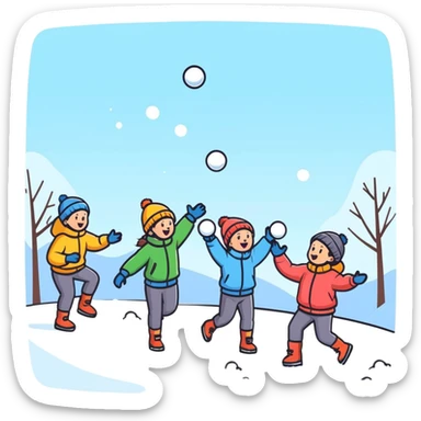 kids playing a snowball fight outdoors, energetic, winter clothing sticker