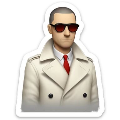<excerpt>
A white man with real buzz cut Black hair, short mutton chops donning small red tinted sun glasses in a dirty white trench coat, is serious.
</excerpt> sticker