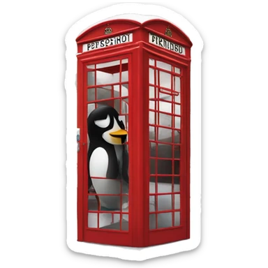 a penguin in a london phone box phoning home sticker