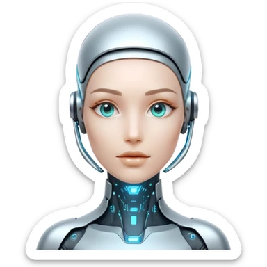 Futuristic human with metallic cybernetic enhancements, digital interface on face, holographic display sticker
