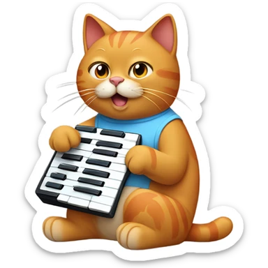 tan-red cat wearing a light-blue t-shirt taps musical keyboard sticker