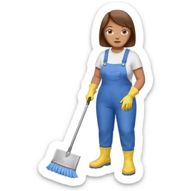 old and fat women, brown hair, Custodian with yellow rubber gloves, white T-shirt, blue overalls, mopping floor sticker