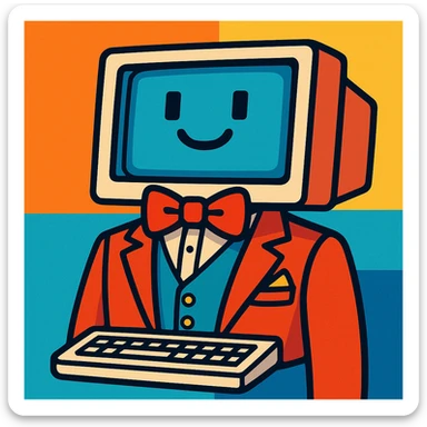 a desktop computer wearing a fancy suit and bow tie, stylish, ready for a party, dress to impress in your computer sticker
